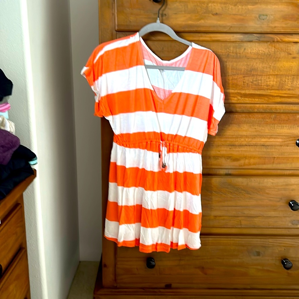 XL orange strip beach cover up with drawstring waist.